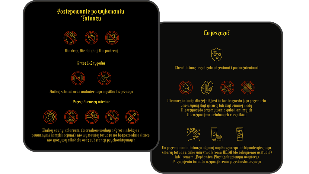 Infografika zatytułowana „Bez nazwy-2” autorstwa 7sinstattoo.live oferuje instrukcje pielęgnacji po zrobieniu tatuażu od renomowanego studia Seven Sins Tattoo w Poznaniu w języku polskim. Lewa sekcja przedstawia kroki, które należy wykonać natychmiast po zrobieniu tatuażu, w ciągu pierwszych dwóch tygodni i do trzech miesięcy po zrobieniu tatuażu. Prawa sekcja zawiera listę czynności i produktów, których należy unikać po zrobieniu tatuażu, a ikony wyróżniają czynności, na które należy uważać. Projekt ma czarne tło z żółtym i czerwonym tekstem.