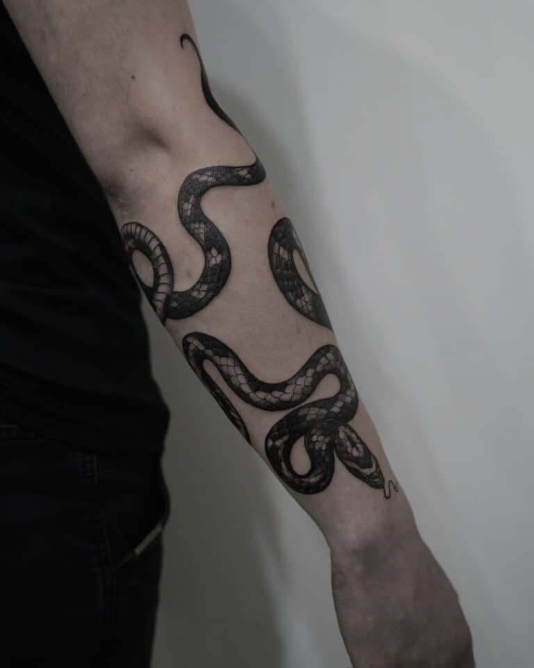 7sinstattoo.live Zdjęcie z bliska, zidentyfikowane jako DSC09448, przedstawia przedramię osoby z misternym tatuażem czarnego węża, który wije się od nadgarstka w kierunku łokcia. Ta szczegółowa grafika została wykonana w jednym z najlepszych studiów tatuażu w Poznaniu. Osoba ma jasną skórę i nosi czarną koszulę z krótkim rękawem na jednolitym, jasnym tle. Najlepsze studio tatuażu Seven Sins Tattoo