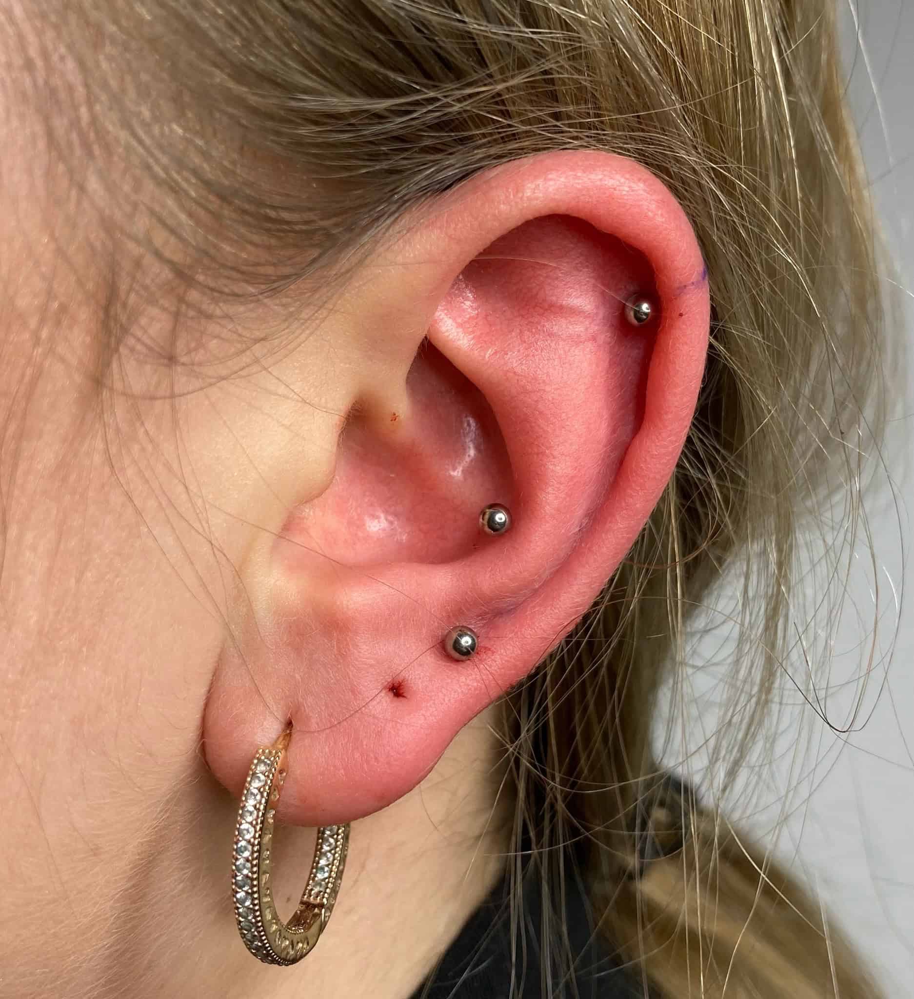 7sinstattoo.live Zdjęcie z bliska, zidentyfikowane jako IMG_2797, przedstawia ucho osoby ozdobione kilkoma srebrnymi kolczykami. Ucho ma trzy ćwieki na chrząstce i jeden na płatku, uzupełnione złotym kolczykiem w kształcie koła z kryształkami. Jasne włosy osoby są związane z tyłu i częściowo widoczne na zdjęciu, które najwyraźniej zostało zrobione w studio tatuażu Poznań. Najlepsze studio tatuażu Seven Sins Tattoo