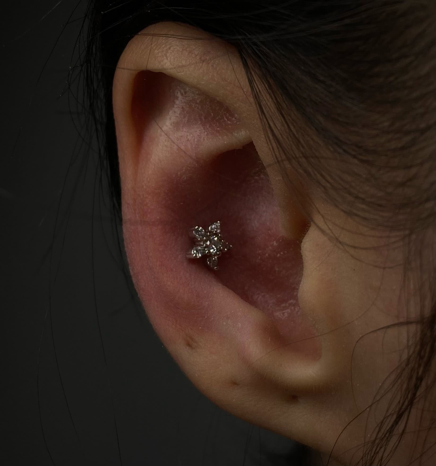 7sinstattoo.live Zbliżenie ucha z małym, błyszczącym diamentowym piercingiem chrząstki ozdobionym wzorem w kształcie kwiatu. Ucho jest oświetlone na ciemnym tle, podkreślając misterne detale i blask IMG_4764. Pasma włosów są widoczne w pobliżu w studio tatuaży Poznań. Najlepsze studio tatuażu Seven Sins Tattoo