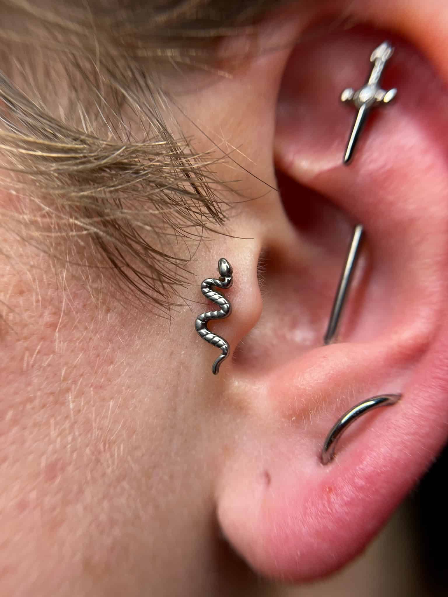 7sinstattoo.live Zbliżenie ucha ozdobionego wieloma piercingami: małym kolczykiem w kształcie węża, kolczykiem w kształcie sztangi przypominającym miecz i kółkiem. Skóra wokół tych artystycznych elementów jest lekko czerwona. Odkryj więcej wyjątkowych stylów takich jak ten w Najlepszym Studio Tatuażu Poznań, znanym z wyjątkowej sztuki na ciele. (Nazwa produktu: IMG_6076) Najlepsze studio tatuażu Seven Sins Tattoo