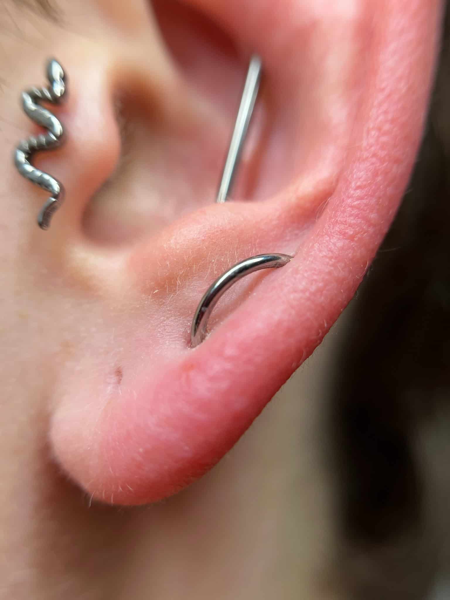 7sinstattoo.live Zbliżenie na ucho z trzema piercingami ze studia tatuażu Poznań, wyróżnione w IMG_6084. Górny piercing prezentuje metalowy zakrzywiony pręt, środkowy ozdobiony jest kolcem w kształcie węża, a dolny piercing ma zakrzywiony pierścień. Skóra wokół piercingu wydaje się lekko czerwona. Najlepsze studio tatuażu Seven Sins Tattoo