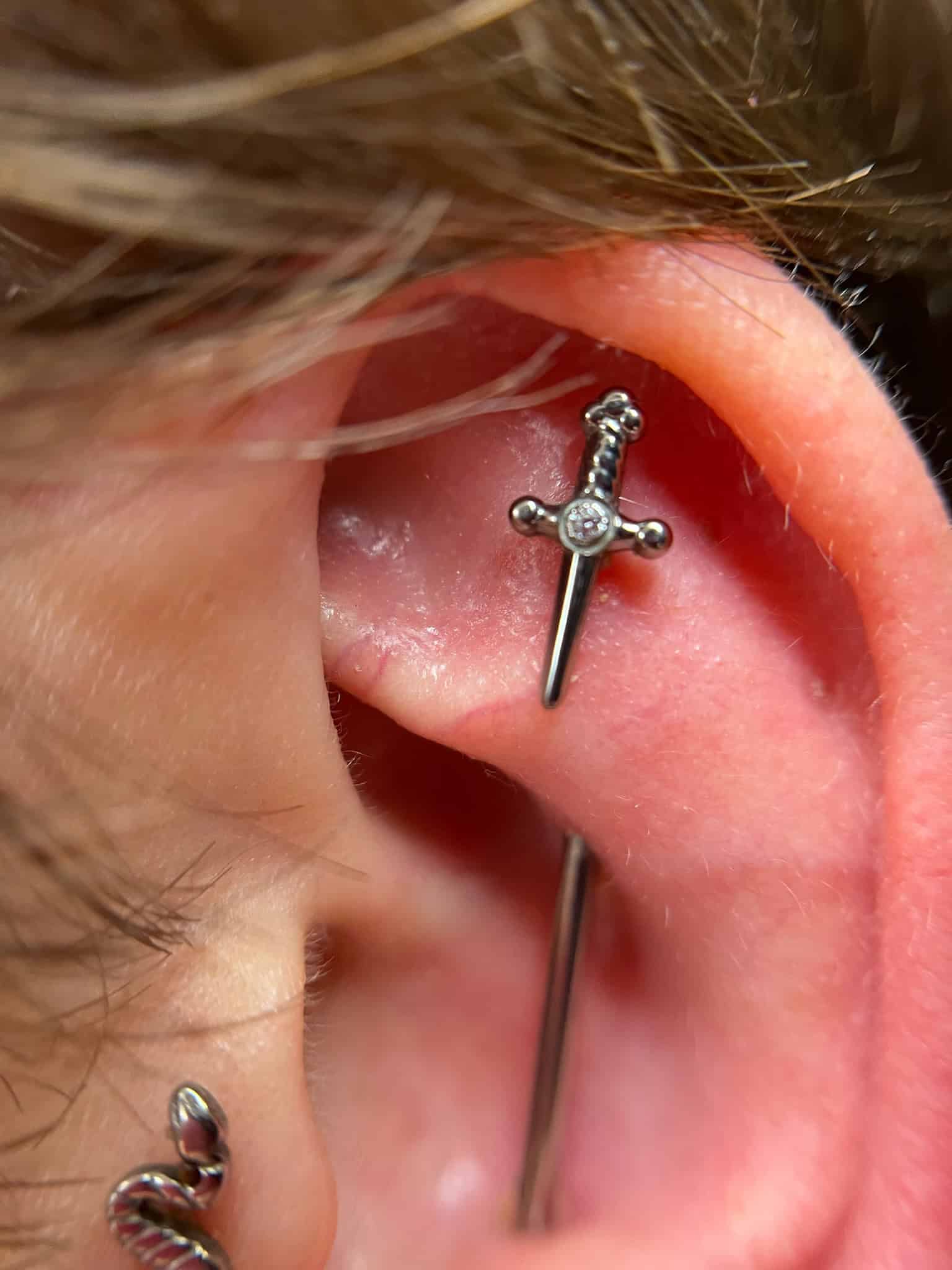 7sinstattoo.live Zbliżenie na ucho z dwoma piercingami z najlepszego studia tatuażu Poznań (IMG_6092). Górny piercing ma srebrny kolczyk w kształcie małego miecza z klejnotem na rękojeści. Dolny piercing ma kolczyk w kształcie kółka ozdobiony zwiniętym wąż. Włosy częściowo widoczne po lewej stronie. Najlepsze studio tatuażu Seven Sins Tattoo