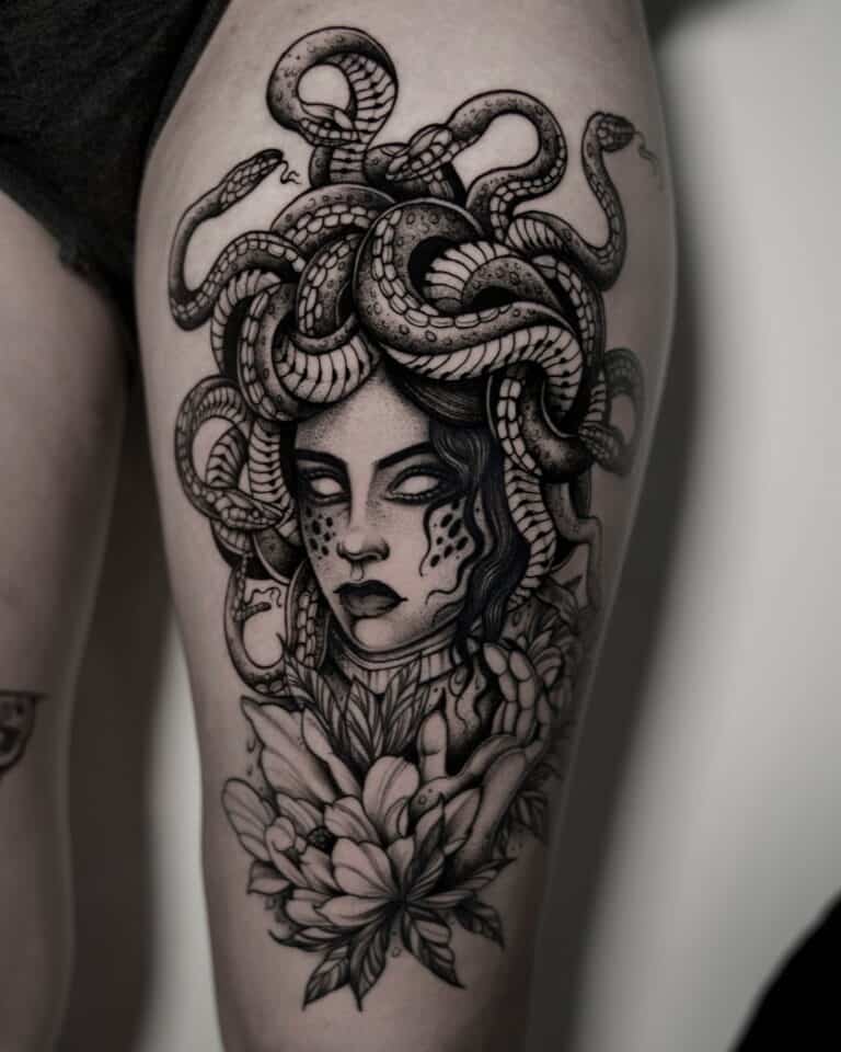 7sinstattoo.live Na udzie osoby znajduje się szczegółowy tatuaż z hjkl, studia tatuaży w Poznaniu, przedstawiający mityczną głowę Meduzy z wężami zamiast włosów. Wzór obejmuje skomplikowane wzory węży splecionych wokół jej głowy i kwiatów kwitnących poniżej jej szyi, tworząc uderzającą kompozycję w czerni i szarości. Najlepsze studio tatuażu Seven Sins Tattoo