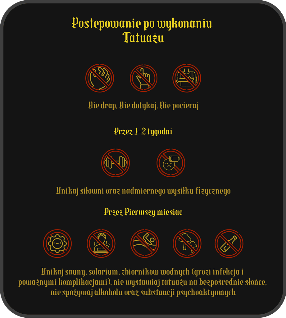 Polska infografika zatytułowana „Procedura po zrobieniu tatuażu” od Produkt „7sinstattoo.live” zawiera instrukcje dotyczące pielęgnacji: nie drap i nie pocieraj tatuażu, unikaj dużego wysiłku fizycznego przez 1-2 tygodnie i trzymaj się z daleka od siłowni, basenów i alkoholu przez miesiąc. Każdej wytycznej towarzyszą pomocne ikony. Aby uzyskać fachową poradę, odwiedź najlepsze studio tatuażu w Poznaniu — Seven Sins Tattoo.