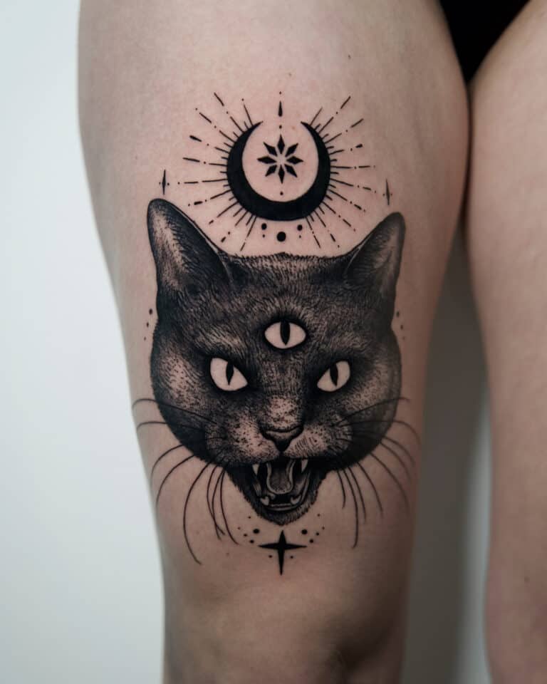 7sinstattoo.live Czarno-szary tatuaż Poznań na udzie człowieka przedstawia głowę kota z trzema oczami, otwartą paszczą pokazującą zęby i szczegółowe wąsy. Nad kotem znajduje się półksiężyc, gwiazda i dodatkowe elementy dekoracyjne. Odwiedź najlepsze studio tatuażu Poznań, aby uzyskać wyjątkową sztukę tatuażu z wzorami takimi jak Копия DSC03086оьоо. Najlepsze studio tatuażu Seven Sins Tattoo